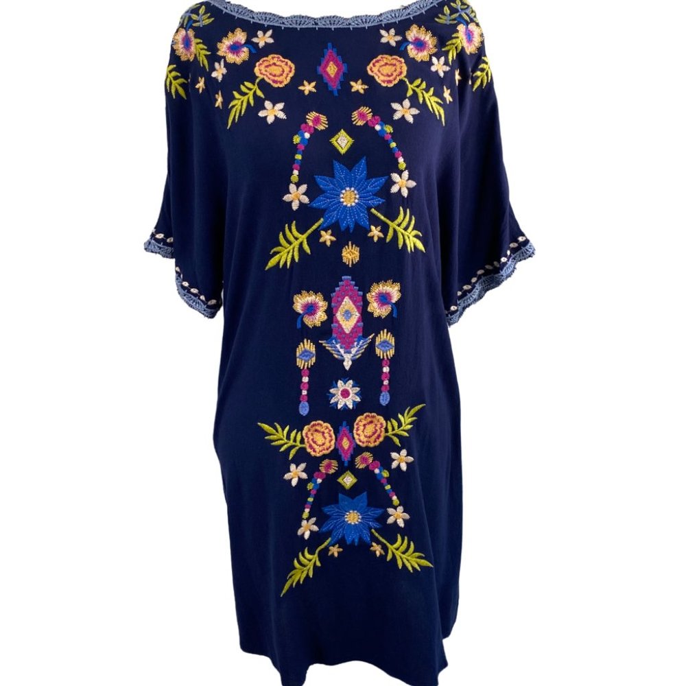 Skies are Blue Navy Floral Embroidered Short Sleeve Dress; M/L - Picture 2 of 12